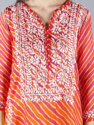 Hand Embroidered Lucknowi Chikankari Orange Kota Kurta Pant Set with Slip 4