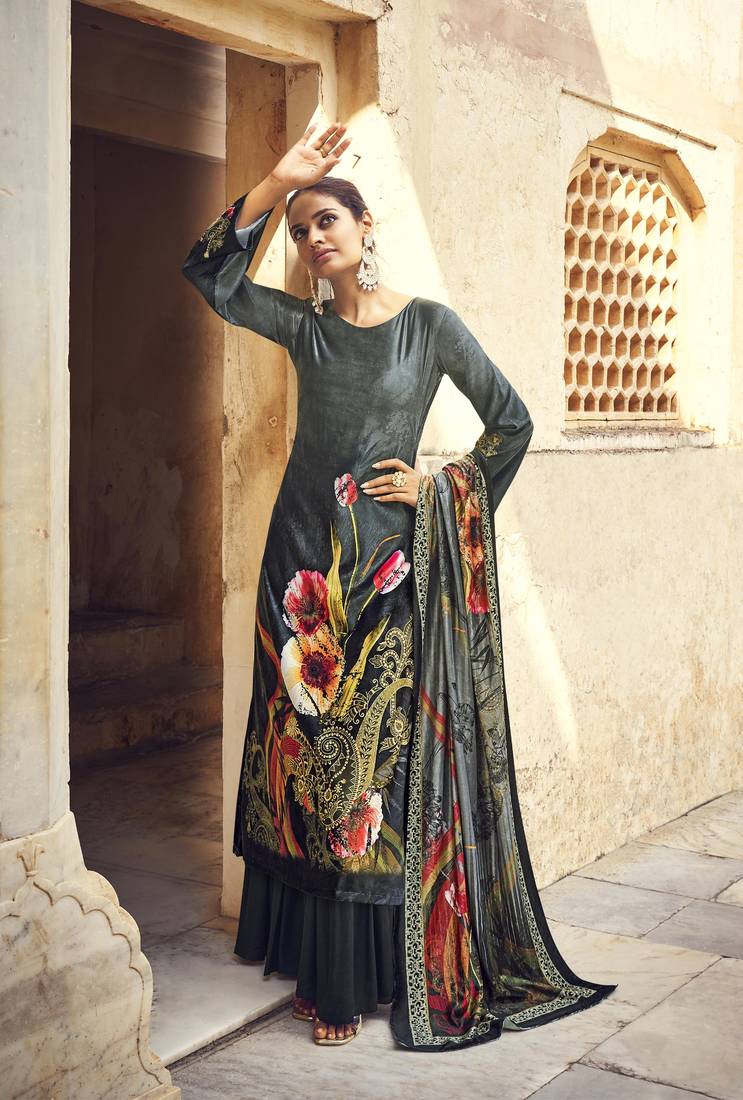 Black Designer Digital Printed Velvet unstitched Long Length Kameez Pant party-wear-salwar-kameez