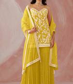 Yellow Heavy Designer Embroidery Work Faux Georgette unstitched Long Length Kameez Sarara wedding wear salwar suit
