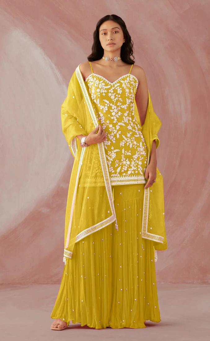 Yellow Heavy Designer Embroidery Work Faux Georgette unstitched Long Length Kameez Sarara wedding wear salwar suit