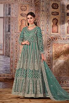 Sea Green Heavy Coading, Sequance Embroidery,Hand Work Butterfly Net unstitched Long Length Kameez Pant silk salwar suit