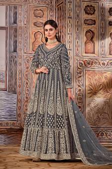Grey Heavy Coading, Sequance Embroidery,Hand Work Butterfly Net unstitched Long Length Kameez Pant silk salwar suit