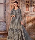 Grey Heavy Coading, Sequance Embroidery,Hand Work Butterfly Net unstitched Long Length Kameez Pant silk salwar suit