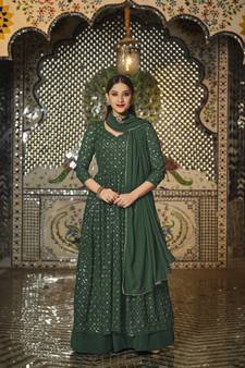 Green Designer Heavy Sequance Embroidery Work Georgette unstitched Long Length Kameez Pant cotton salwar suit