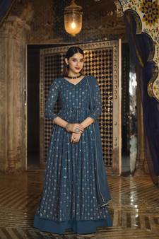 TealDesigner Heavy Sequance Embroidery WorkGeorgetteunstitchedLong Length KameezPantcotton salwar suit