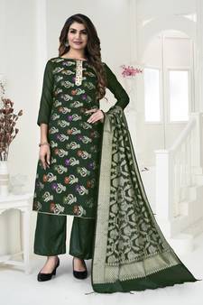 GreenWevon DesignerBanarasi SilkunstitchedLong Length KameezPantcotton salwar suit
