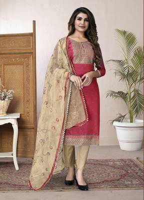 PinkFancy Embroidery WorkModal ChanderiunstitchedLong Length KameezPantcotton salwar suit 1