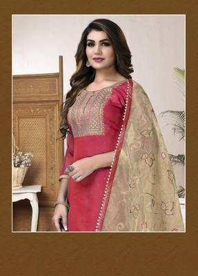 PinkFancy Embroidery WorkModal ChanderiunstitchedLong Length KameezPantcotton salwar suit 2