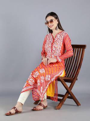 Hand Embroidered Lucknowi Chikankari Orange Kota Kurta Pant Set with Slip 6