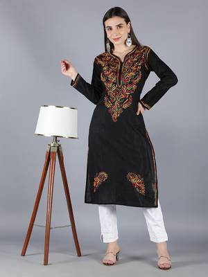Seva Chikan Hand Embroidered Lucknowi Chikankari Black Cotton Kurta Trouser Set 6