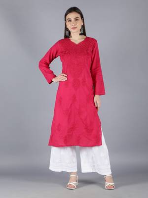 Seva Chikan Hand Embroidered Lucknowi Chikankari Magenta Cotton Kurta Palazzo Set  1
