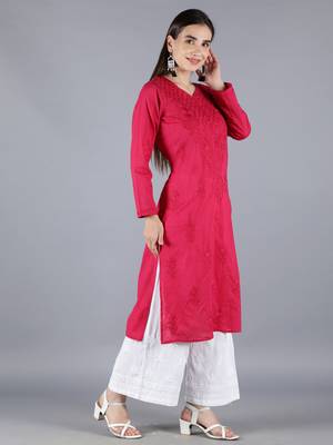 Seva Chikan Hand Embroidered Lucknowi Chikankari Magenta Cotton Kurta Palazzo Set  4