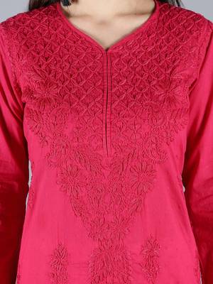 Seva Chikan Hand Embroidered Lucknowi Chikankari Magenta Cotton Kurta Palazzo Set  5