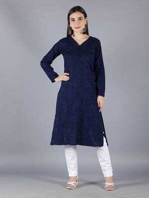Hand Embroidered Lucknowi Chikankari Navy Blue Cotton Kurta Pant Set 1
