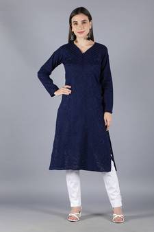Hand Embroidered Lucknowi Chikankari Navy Blue Cotton Kurta Pant Set