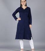Hand Embroidered Lucknowi Chikankari Navy Blue Cotton Kurta Pant Set