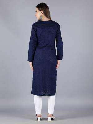 Hand Embroidered Lucknowi Chikankari Navy Blue Cotton Kurta Pant Set 3