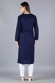 Hand Embroidered Lucknowi Chikankari Navy Blue Cotton Kurta Pant Set