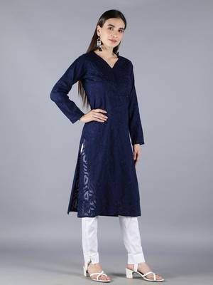 Hand Embroidered Lucknowi Chikankari Navy Blue Cotton Kurta Pant Set 4