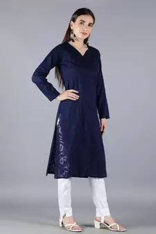 Hand Embroidered Lucknowi Chikankari Navy Blue Cotton Kurta Pant Set
