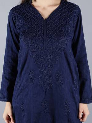 Hand Embroidered Lucknowi Chikankari Navy Blue Cotton Kurta Pant Set 5
