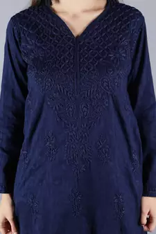 Hand Embroidered Lucknowi Chikankari Navy Blue Cotton Kurta Pant Set