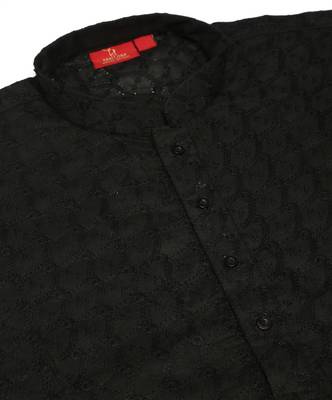 Men Black Chikankari Kurta with white Pyjama 2