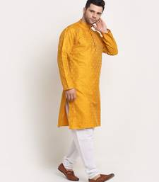 Men Jacquard Woven Design Yellow Kurta & White Churidar Set
