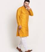 Men Jacquard Woven Design Yellow Kurta & White Churidar Set