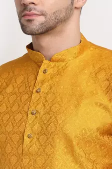 Men Jacquard Woven Design Yellow Kurta & White Churidar Set
