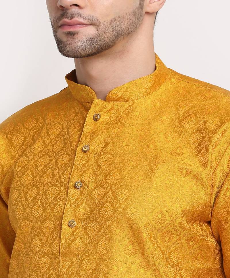 Men Jacquard Woven Design Yellow Kurta & White Churidar Set