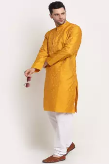 Men Jacquard Woven Design Yellow Kurta & White Churidar Set