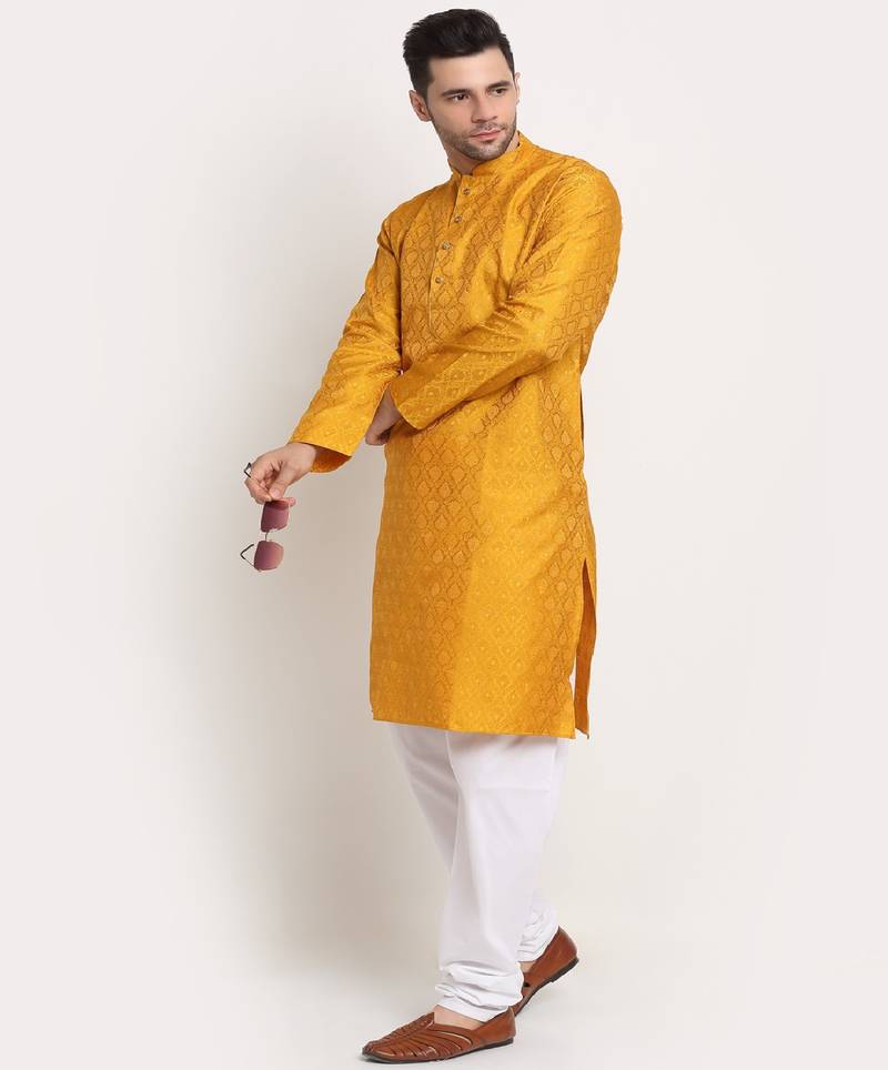 Men Jacquard Woven Design Yellow Kurta & White Churidar Set