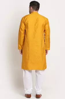 Men Jacquard Woven Design Yellow Kurta & White Churidar Set