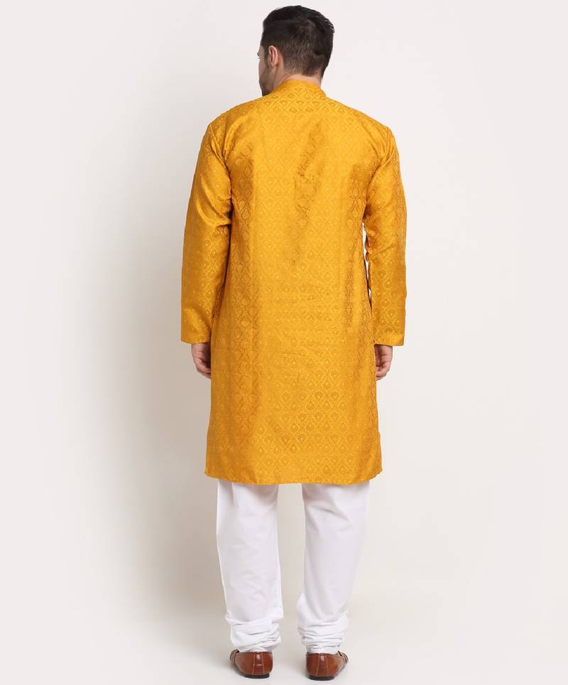 Men Jacquard Woven Design Yellow Kurta & White Churidar Set