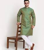 Men Jacquard Woven Design Green Kurta & White Churidar Set