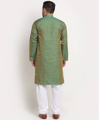 Men Jacquard Woven Design Green Kurta & White Churidar Set 3
