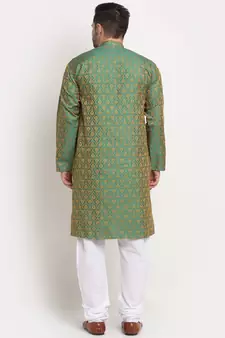Men Jacquard Woven Design Green Kurta & White Churidar Set