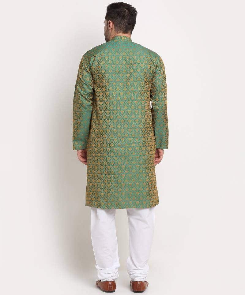 Men Jacquard Woven Design Green Kurta & White Churidar Set
