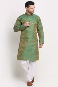Men Jacquard Woven Design Green Kurta & White Churidar Set