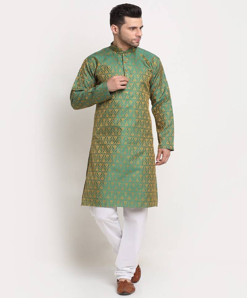 Men Jacquard Woven Design Green Kurta & White Churidar Set
