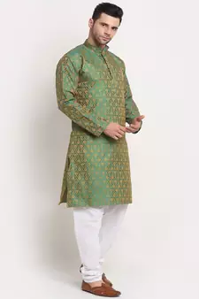 Men Jacquard Woven Design Green Kurta & White Churidar Set