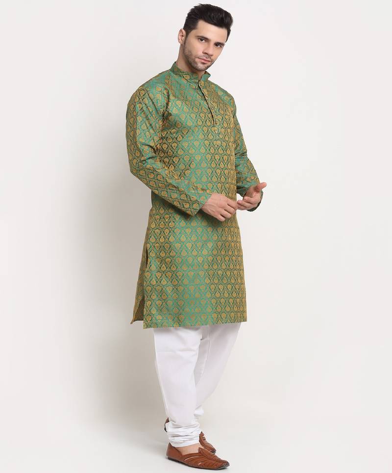 Men Jacquard Woven Design Green Kurta & White Churidar Set