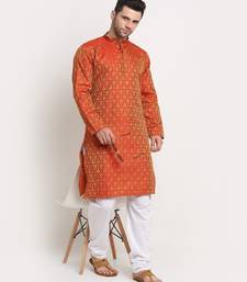 Men Jacquard Woven Design Orange Kurta & White Churidar Set