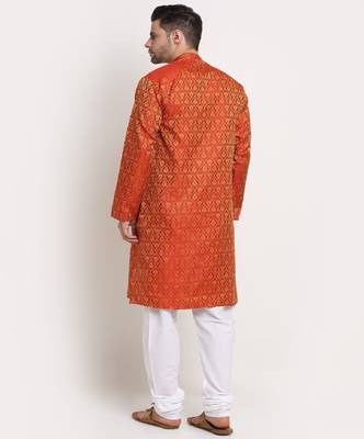 Men Jacquard Woven Design Orange Kurta & White Churidar Set 3