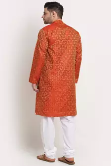 Men Jacquard Woven Design Orange Kurta & White Churidar Set