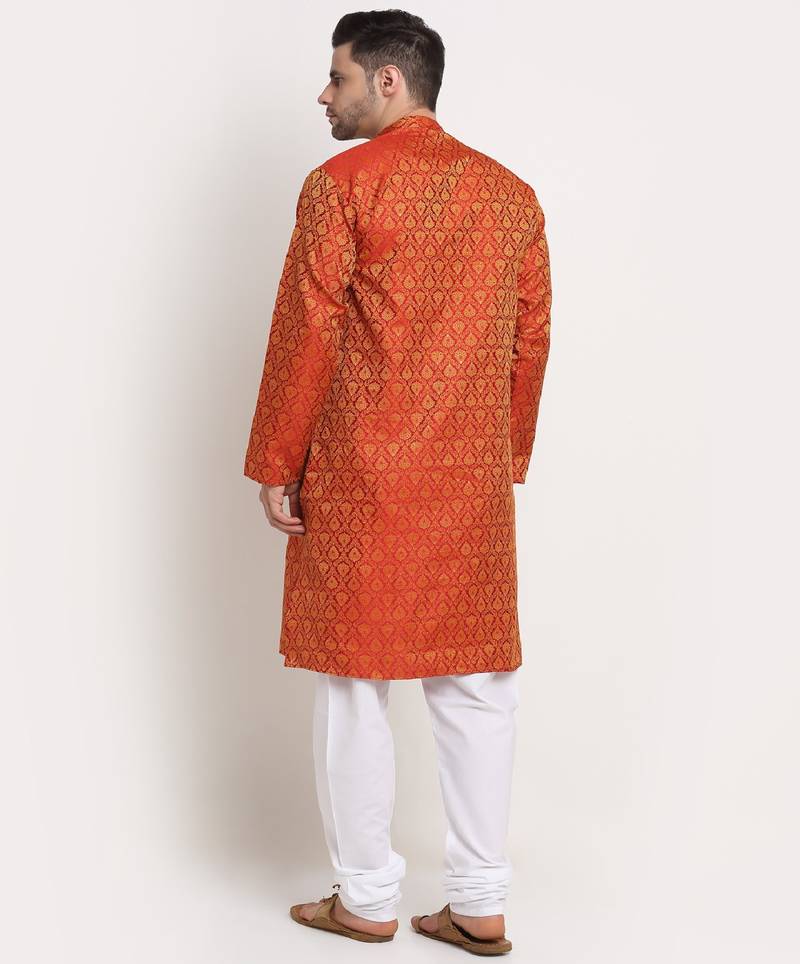 Men Jacquard Woven Design Orange Kurta & White Churidar Set