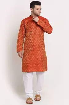 Men Jacquard Woven Design Orange Kurta & White Churidar Set