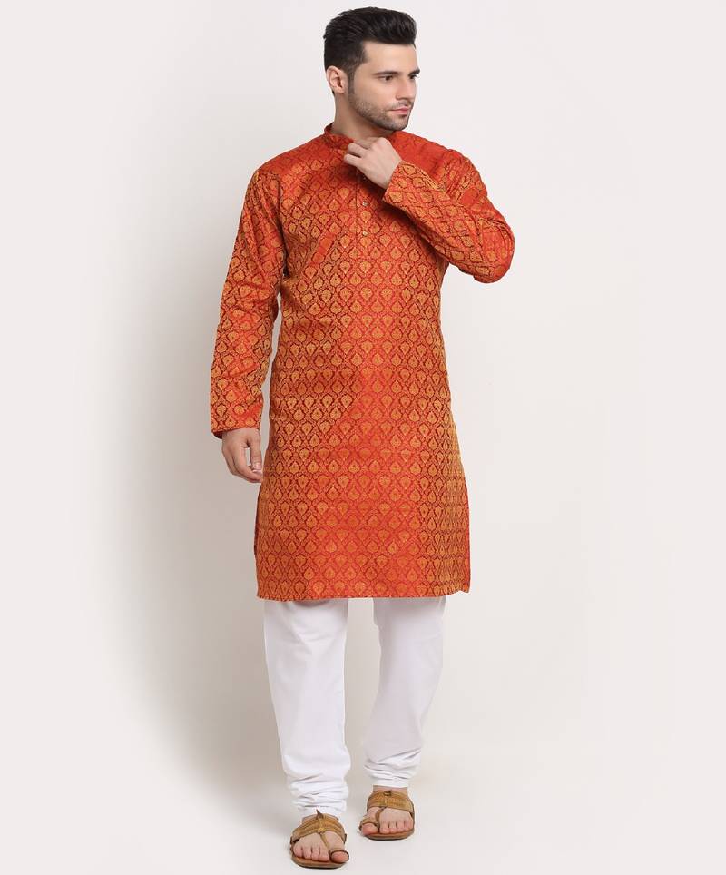 Men Jacquard Woven Design Orange Kurta & White Churidar Set