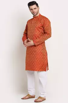 Men Jacquard Woven Design Orange Kurta & White Churidar Set